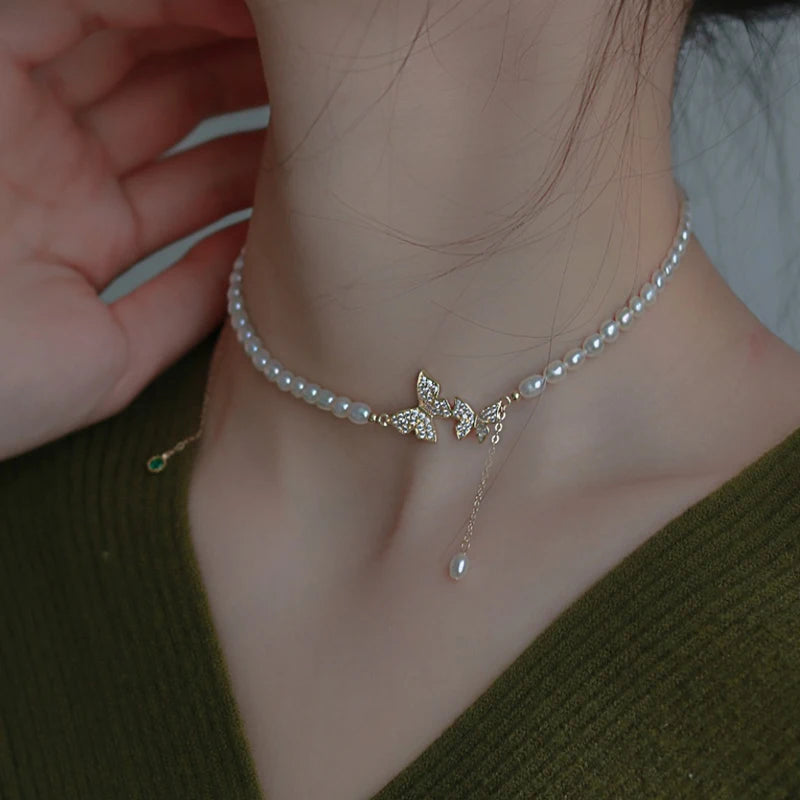 New Fashion Shiny Pearl Butterfly Necklace Chocker Charm Beaded Chain Necklace Temperament Women's Wedding Jewelry Gifts